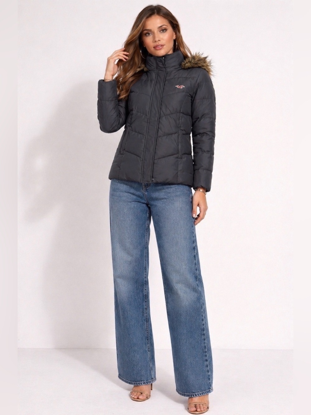 Hollister Y2K VTG Faux Fur Hooded Navy Puffer Jacket Women’s L